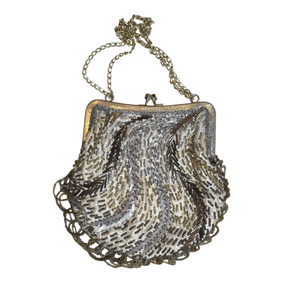 La Regale Hand‑Beaded Evening Purse Gold Bronze Silver Beads Hong Kong VTG EUC - Picture 2 of 12